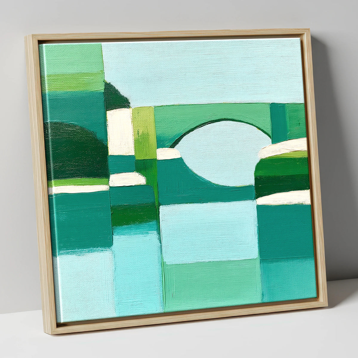 Pooley Bridge in Geometric Teal lake district village canvas wall art in natural frame