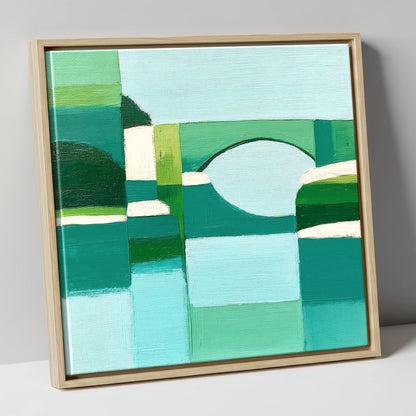 Pooley Bridge in Geometric Teal lake district village canvas wall art in natural frame