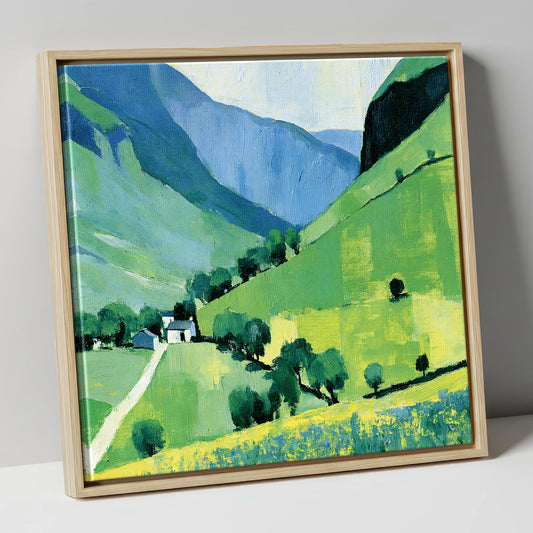 Vibrant Green Valley and Fells lake district valley canvas wall art in natural frame