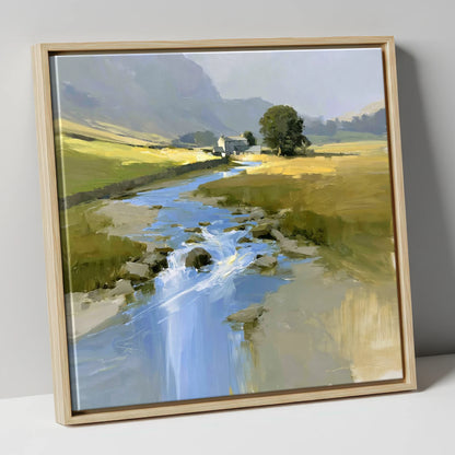 Sunlit Valley Beck and Farmhouse lake district waterfall canvas wall art in natural frame