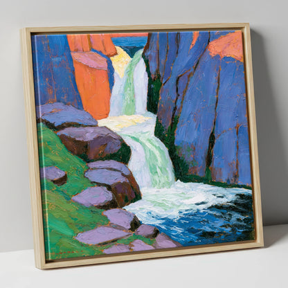 Vibrant Waterfall Between Blue Crags lake district waterfall canvas wall art in natural frame