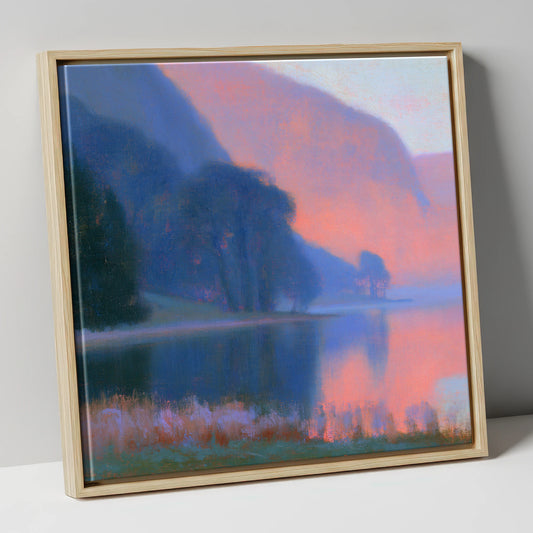 Lake Edge In Pink Twilight lake district lake canvas wall art in natural frame