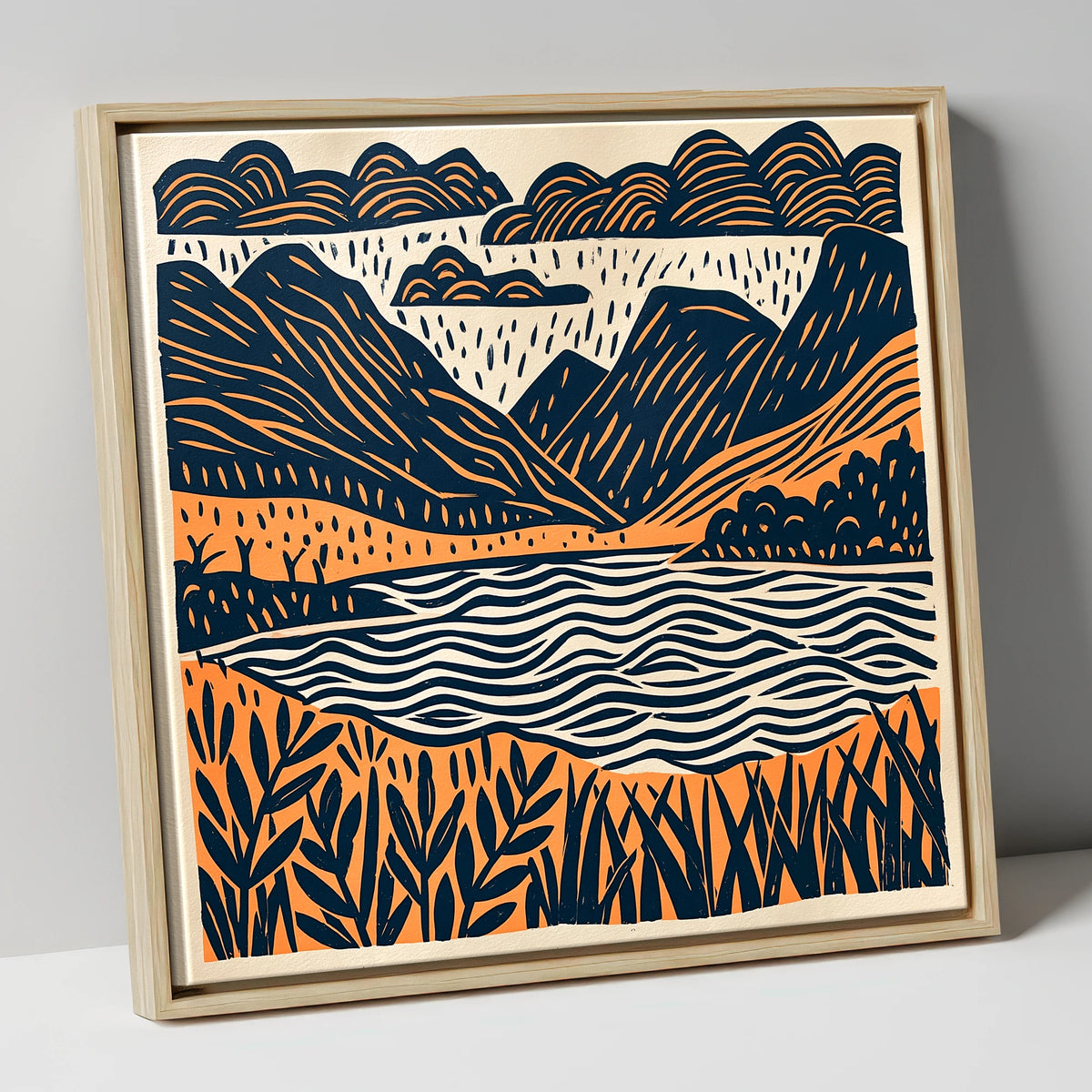 Dawn Lake In Navy And Terracotta lake district lake canvas wall art in natural frame