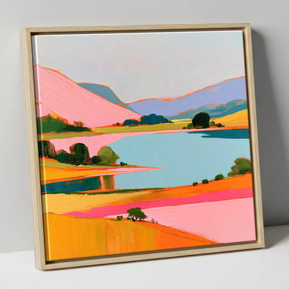 Pink Fells Over Teal Lake lake district lake canvas wall art in natural frame