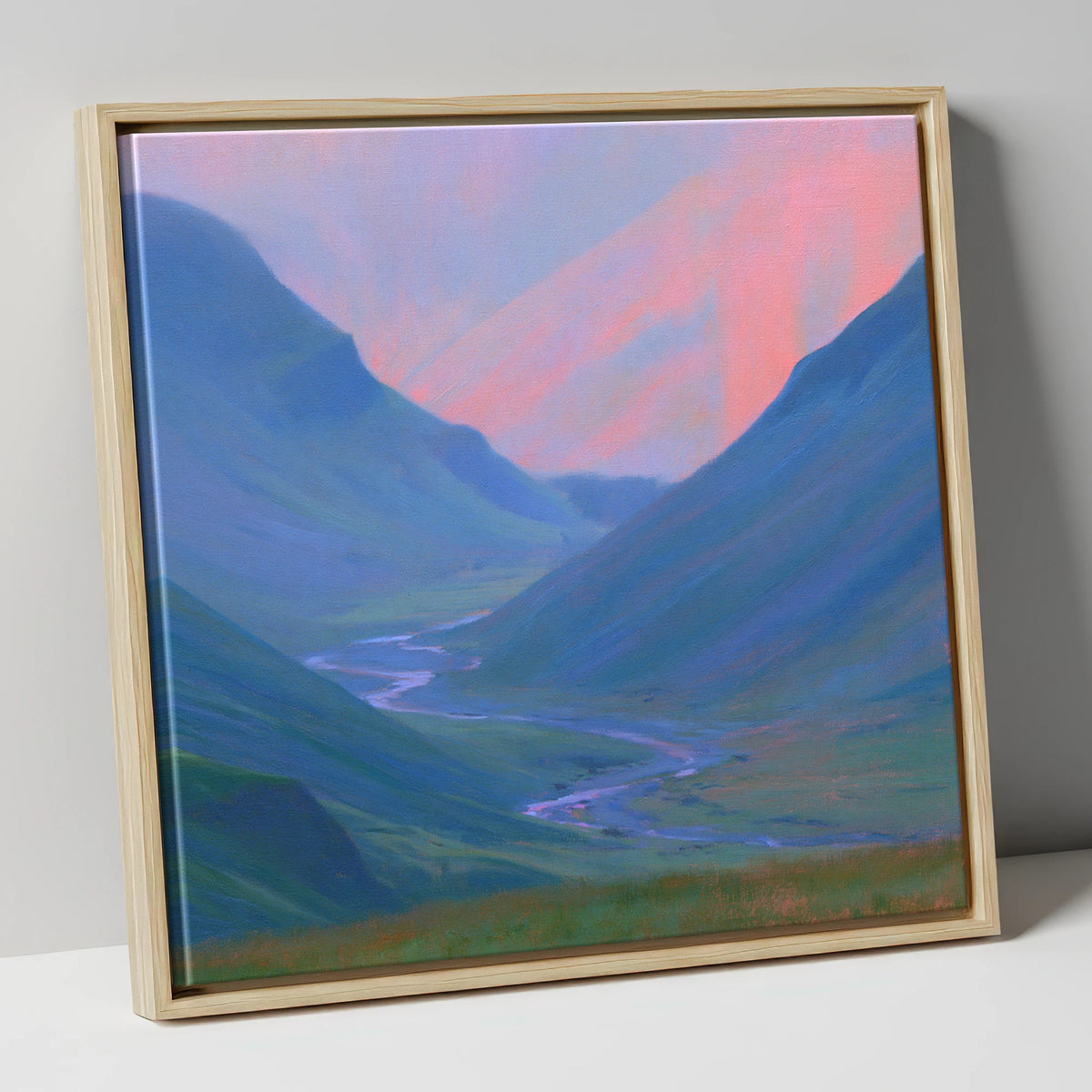 River Valley in Pink Twilight lake district waterfall canvas wall art in natural frame