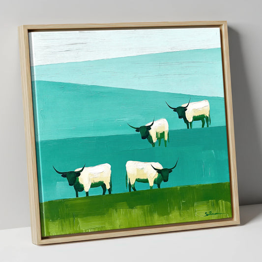 Highland Cattle Against Teal Fells lake district wildlife canvas wall art in natural frame
