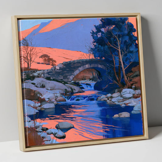 Stone Bridge in Coral Light lake district waterfall canvas wall art in natural frame