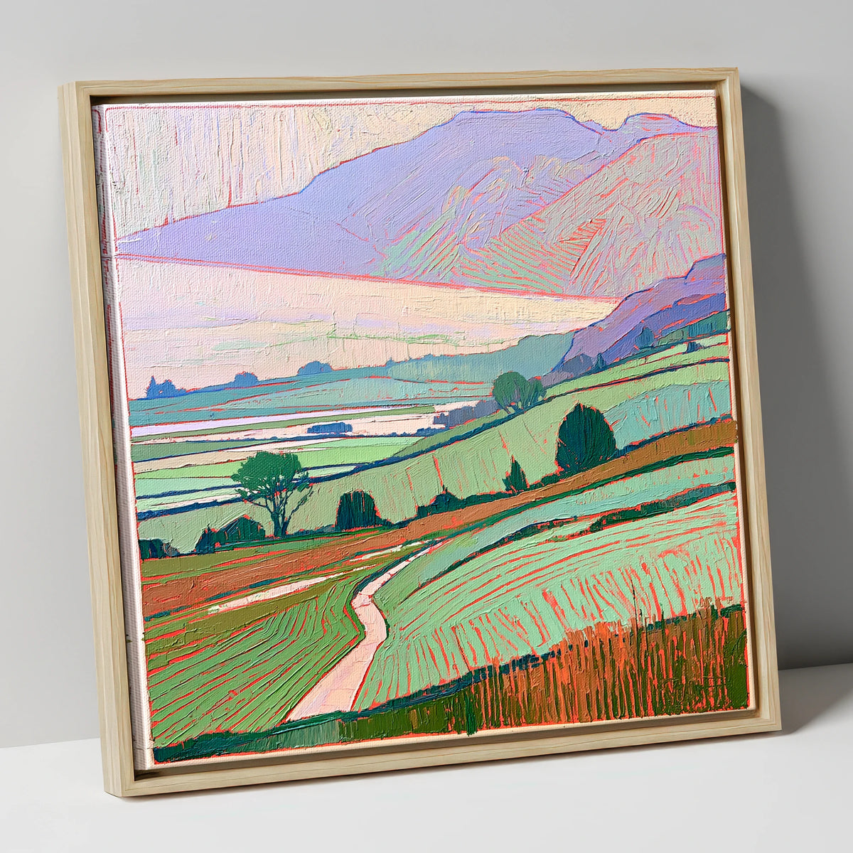 Pastel Mist Over Valley Fields lake district sky canvas wall art in natural frame