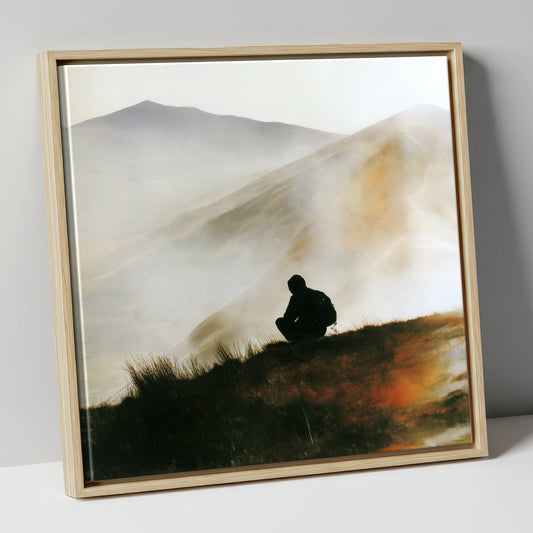 Walker Silhouette on Misty Blencathra lake district fell canvas wall art in natural frame