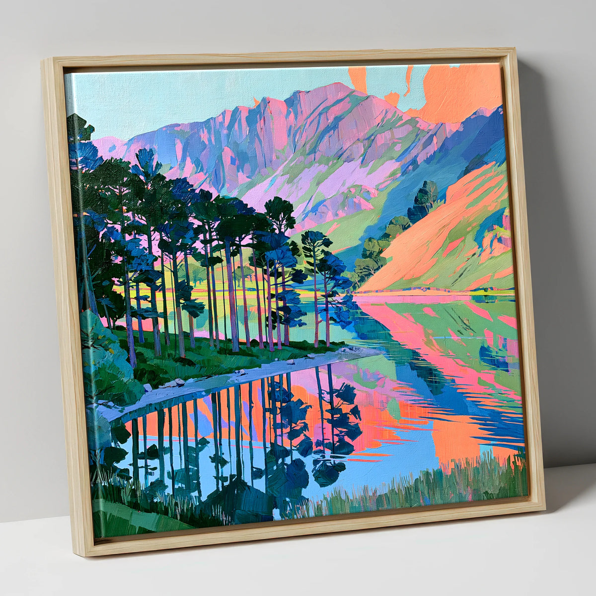Vibrant Buttermere Scots Pines lake district lake canvas wall art in natural frame
