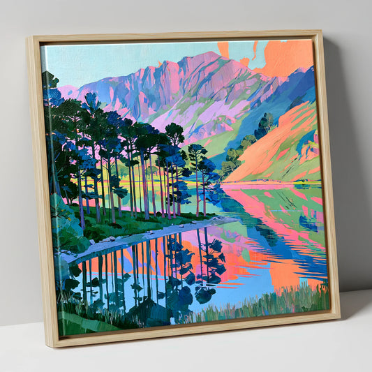 Vibrant Buttermere Scots Pines lake district lake canvas wall art in natural frame