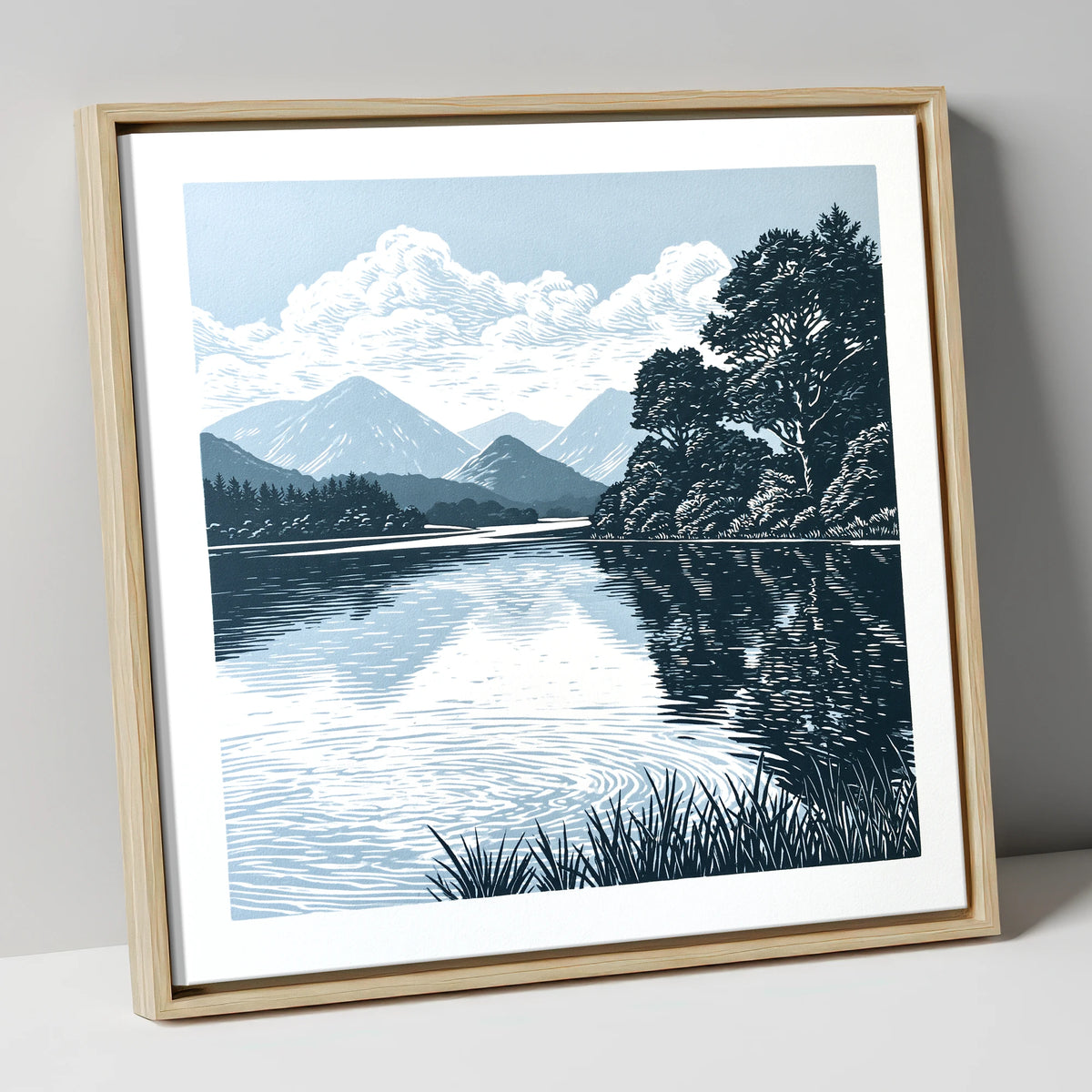 Navy Blue Lake Reflections lake district lake canvas wall art in natural frame