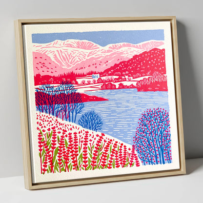 Vibrant Grasmere With Pink Fells lake district lake canvas wall art in natural frame