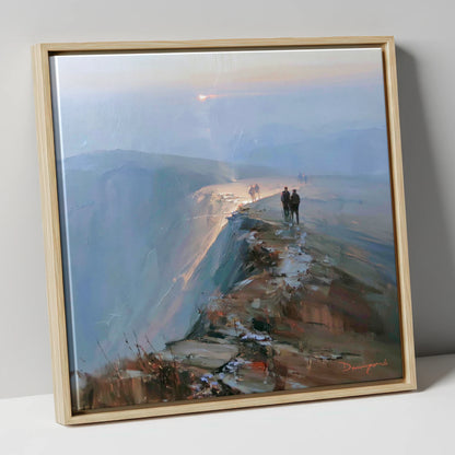 Hikers on a Hazy Fell Top lake district fell canvas wall art in natural frame
