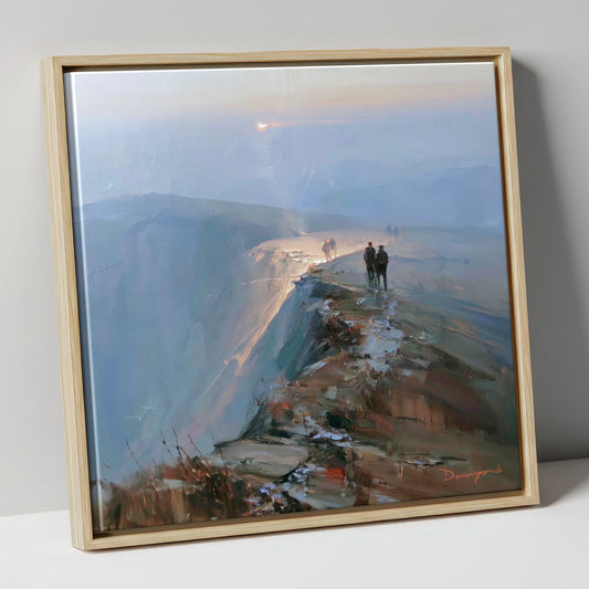 Hikers on a Hazy Fell Top lake district fell canvas wall art in natural frame