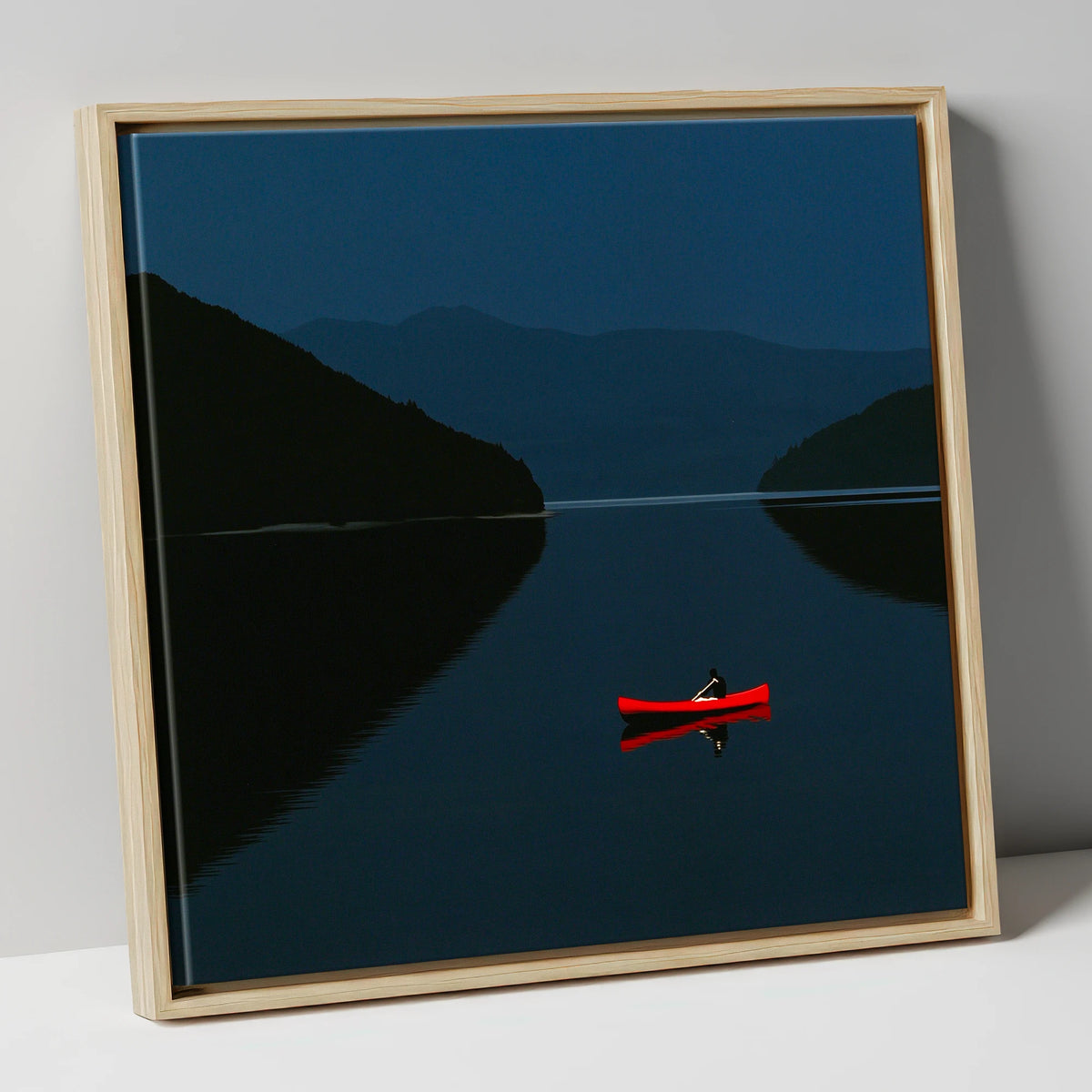 Red Kayak on Twilight Lake lake district walking canvas wall art in natural frame