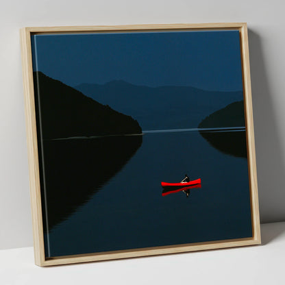 Red Kayak on Twilight Lake lake district walking canvas wall art in natural frame