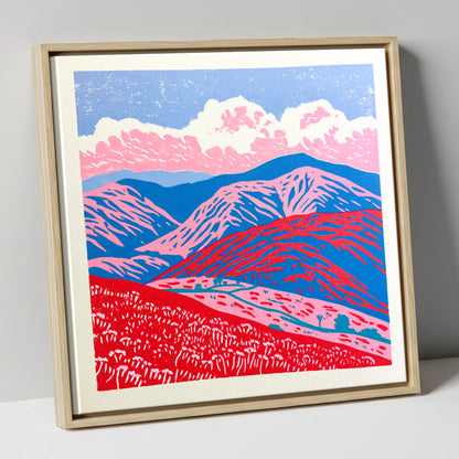 Red and Blue Rolling Fells lake district fell canvas wall art in natural frame