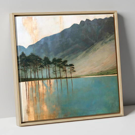 Buttermere Pines and Teal Waters lake district lake canvas wall art in natural frame