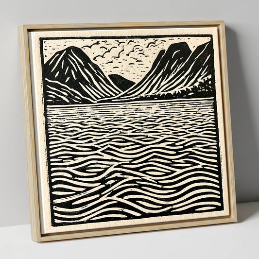 Bold Fells Over Dawn Waters lake district lake canvas wall art in natural frame
