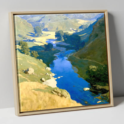 Vivid Blue Winding River Valley lake district waterfall canvas wall art in natural frame