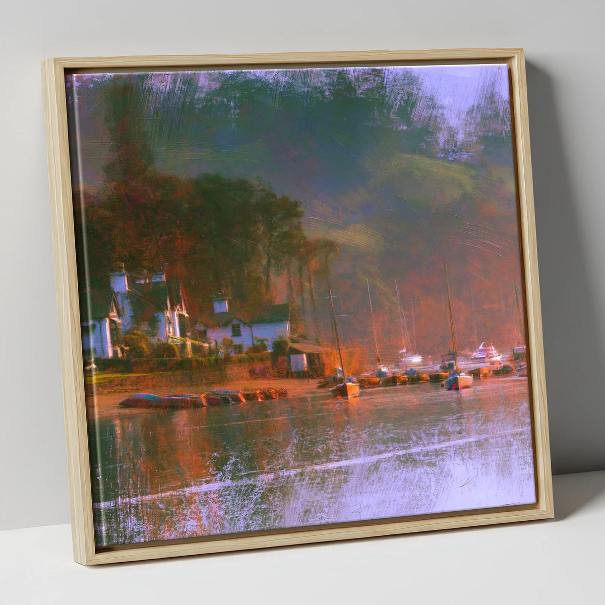 Autumn Light on Bowness Bay lake district village canvas wall art in natural frame
