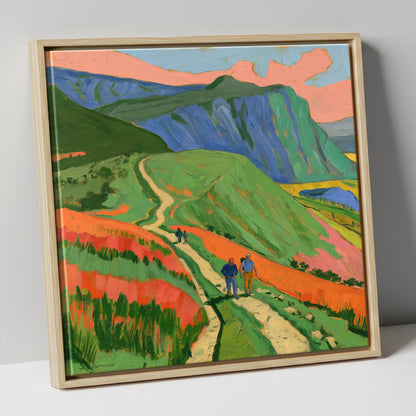 Vivid Mountain Path Walkers lake district walking canvas wall art in natural frame