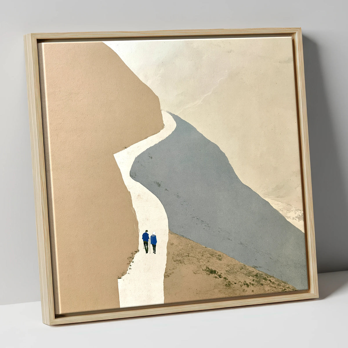 Fell Walkers on the Winding Slate Path lake district walking canvas wall art in natural frame