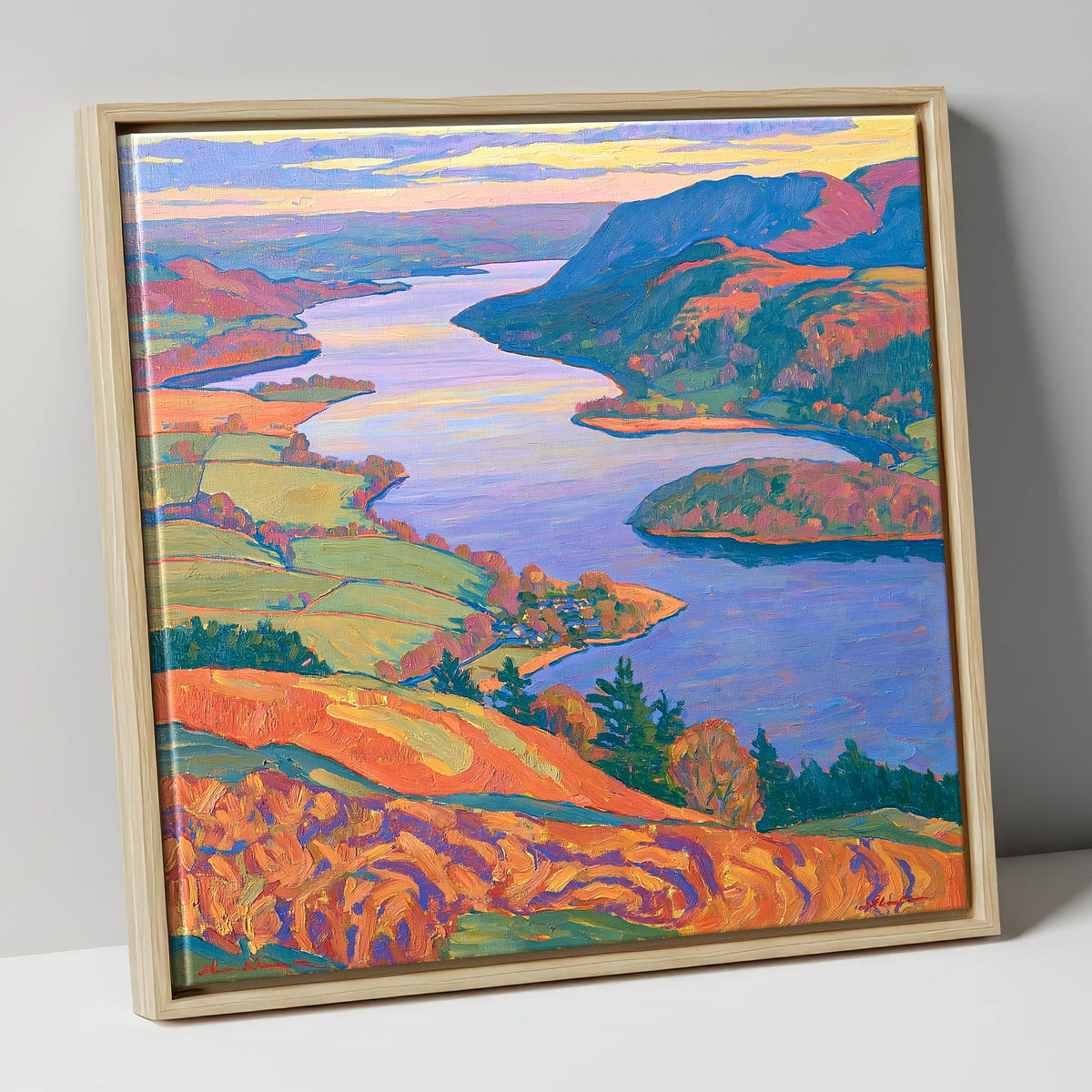 Bold Ullswater and Pooley Bridge lake district village canvas wall art in natural frame