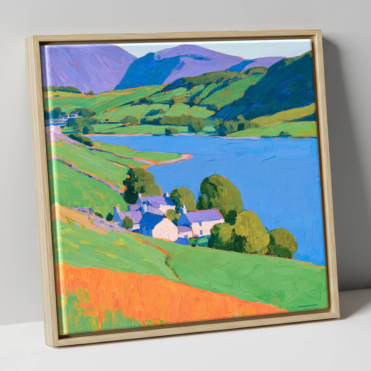 Vibrant Lakeside Village Scene lake district village canvas wall art in natural frame