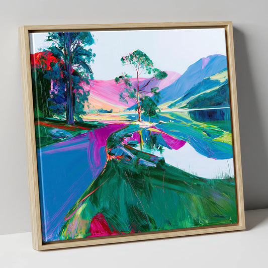 Vibrant Buttermere Lakeside Shore lake district lake canvas wall art in natural frame