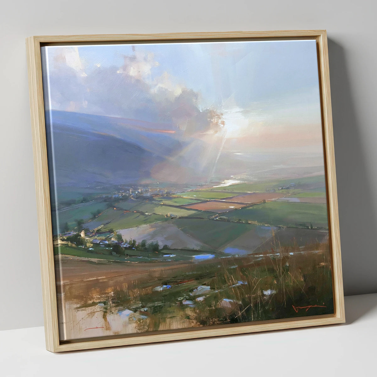 Sunburst Over a Lakeland Dale lake district valley canvas wall art in natural frame