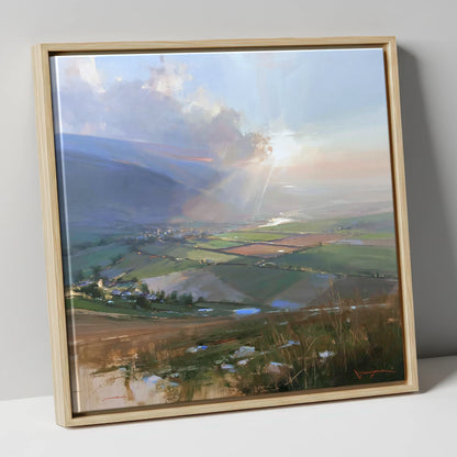 Sunburst Over a Lakeland Dale lake district valley canvas wall art in natural frame
