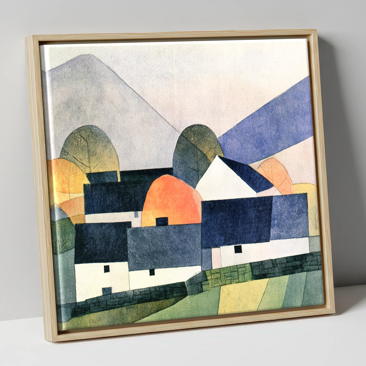 Geometric Slate Roofed Cottages lake district village canvas wall art in natural frame