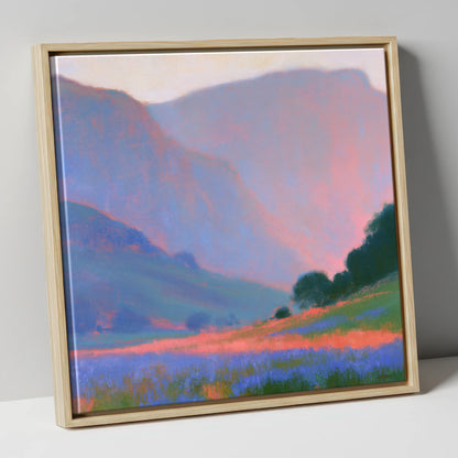 Pink Light Over Valley Fells lake district valley canvas wall art in natural frame