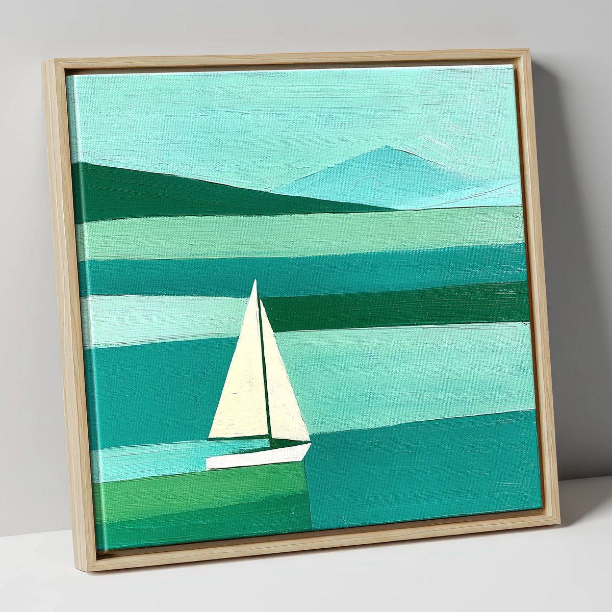 White Sailboat on a Teal Lake lake district walking canvas wall art in natural frame