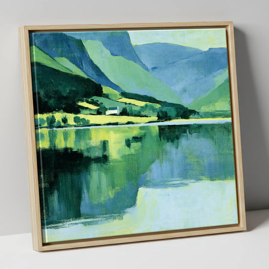 Teal Fells and Calm Lake Reflections lake district lake canvas wall art in natural frame