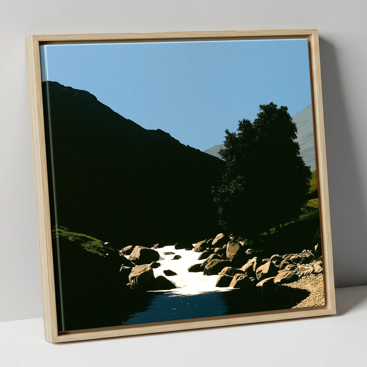 Sunlit Beck Beneath Dark Fell lake district waterfall canvas wall art in natural frame
