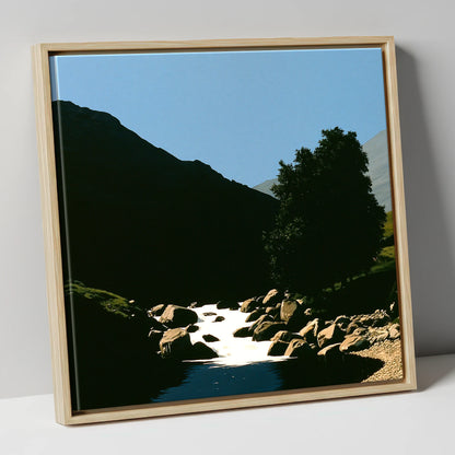 Sunlit Beck Beneath Dark Fell lake district waterfall canvas wall art in natural frame