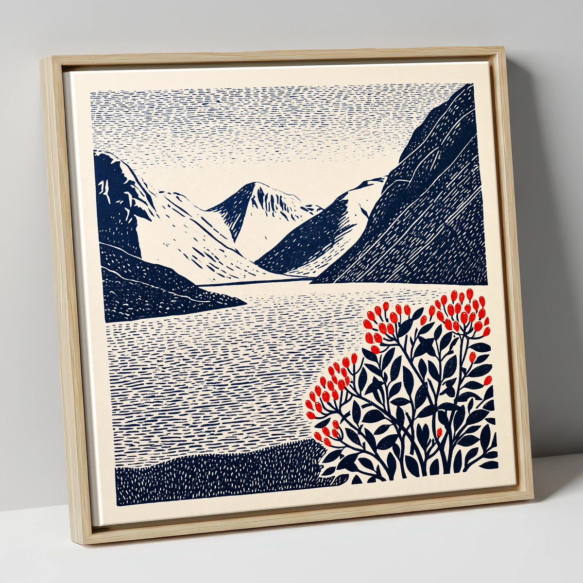 Wastwater Fells and Red Berries lake district lake canvas wall art in natural frame