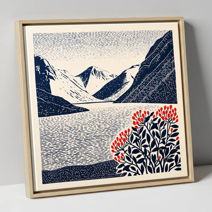 Wastwater Fells and Red Berries lake district lake canvas wall art in natural frame
