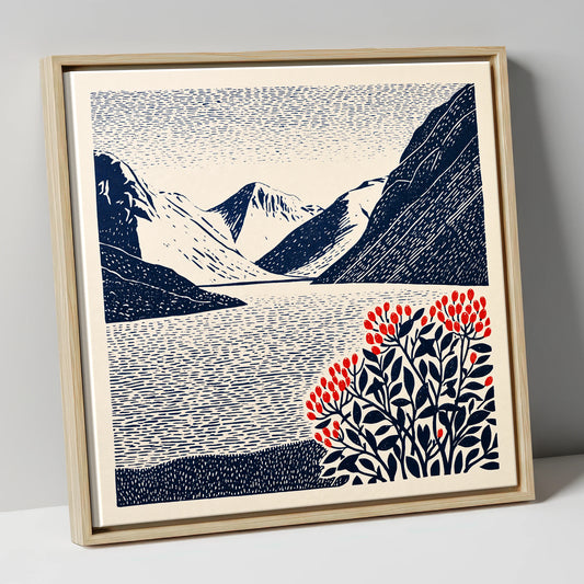 Wastwater Fells and Red Berries lake district lake canvas wall art in natural frame