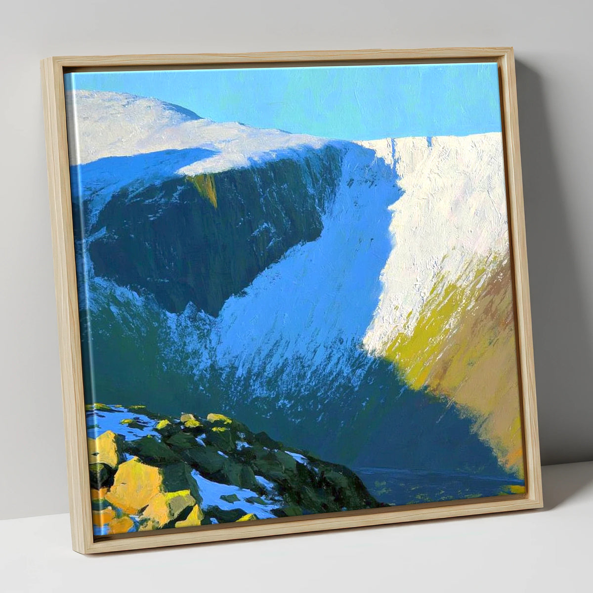 Sunlit Snow on Lingmell Crags lake district fell canvas wall art in natural frame