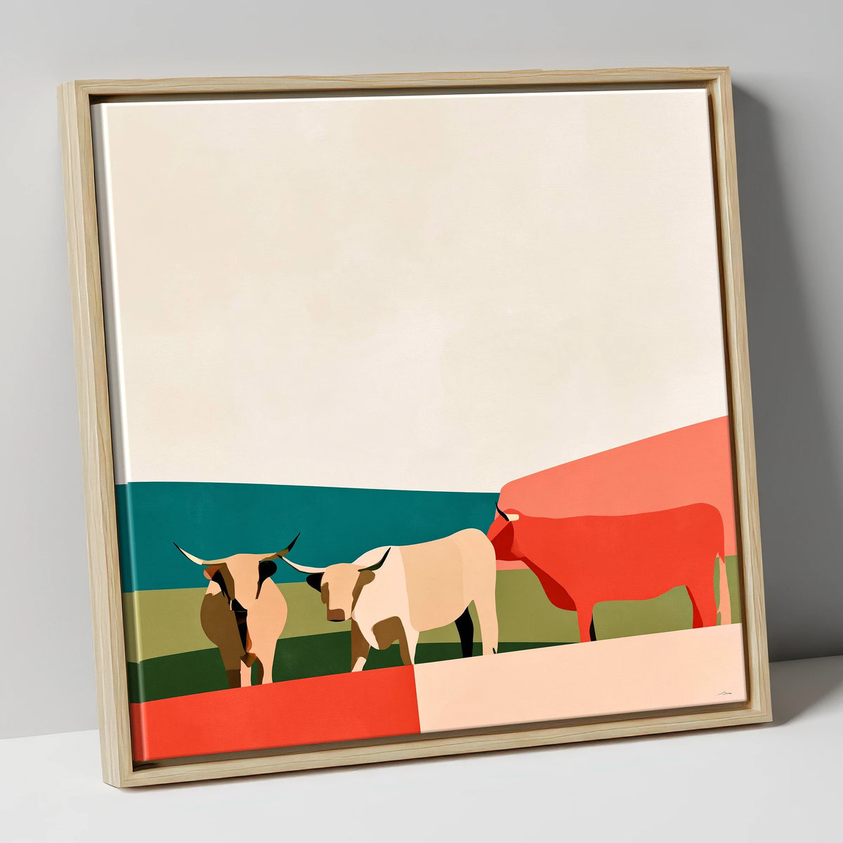 Abstract Highland Cattle and Fells lake district wildlife canvas wall art in natural frame