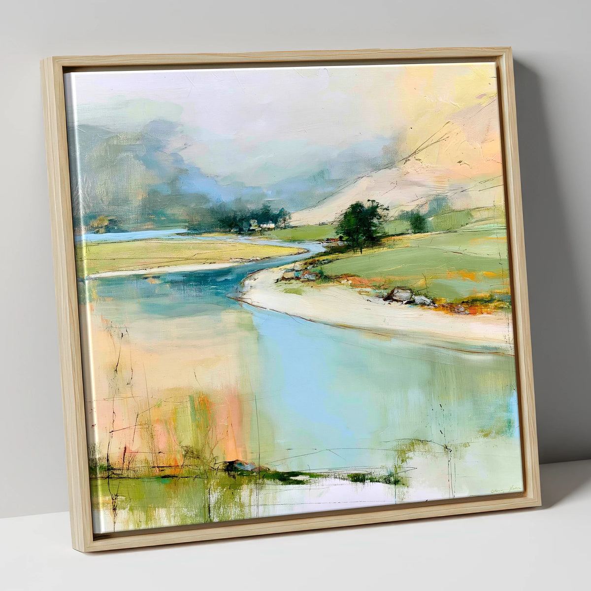 Winding River Valley in Pastel lake district waterfall canvas wall art in natural frame