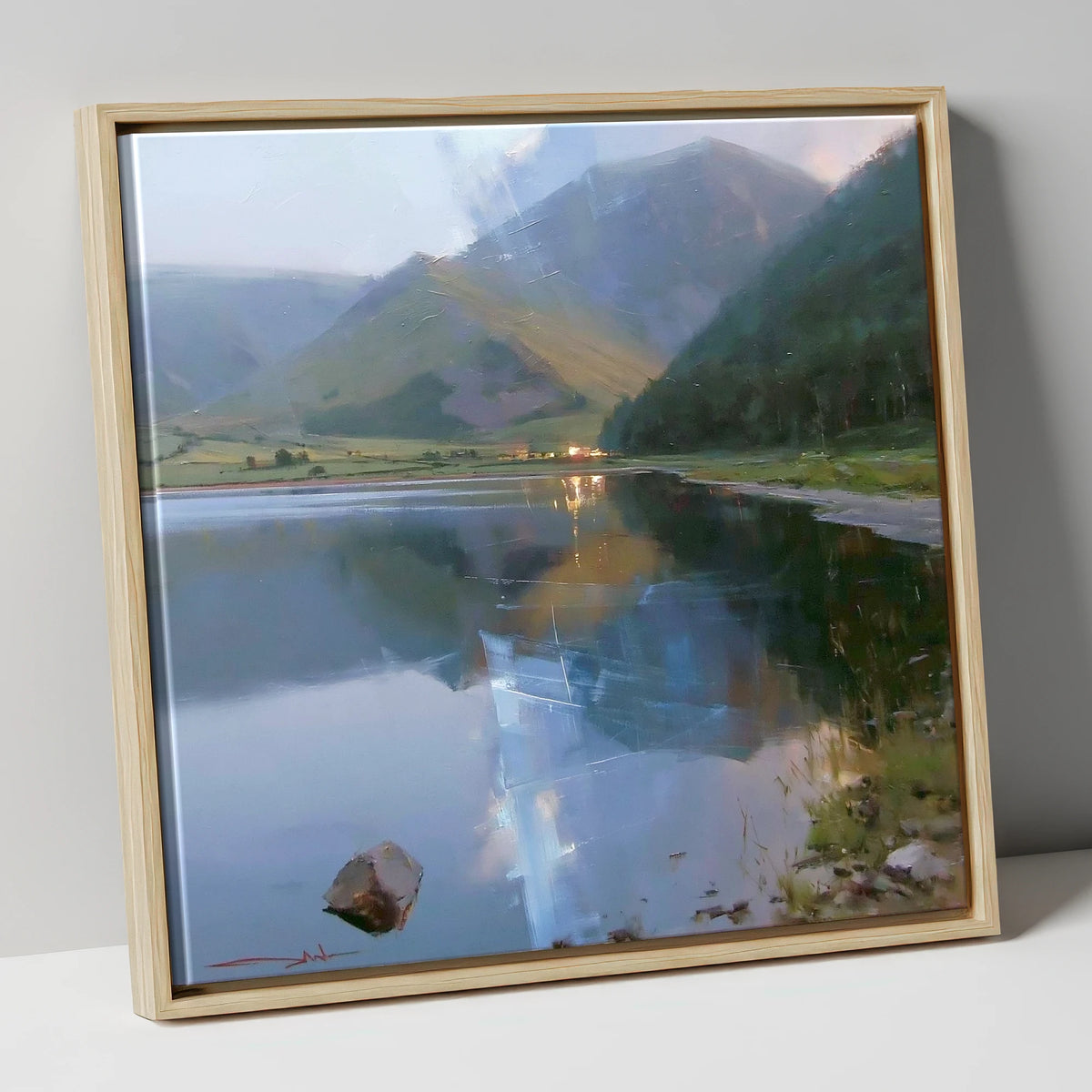 Evening Reflections on Loweswater lake district lake canvas wall art in natural frame