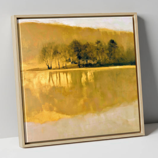 Dark Trees on Golden Lake lake district lake canvas wall art in natural frame