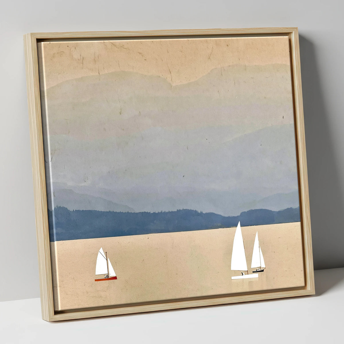 White Sails on Misty Windermere lake district lake canvas wall art in natural frame