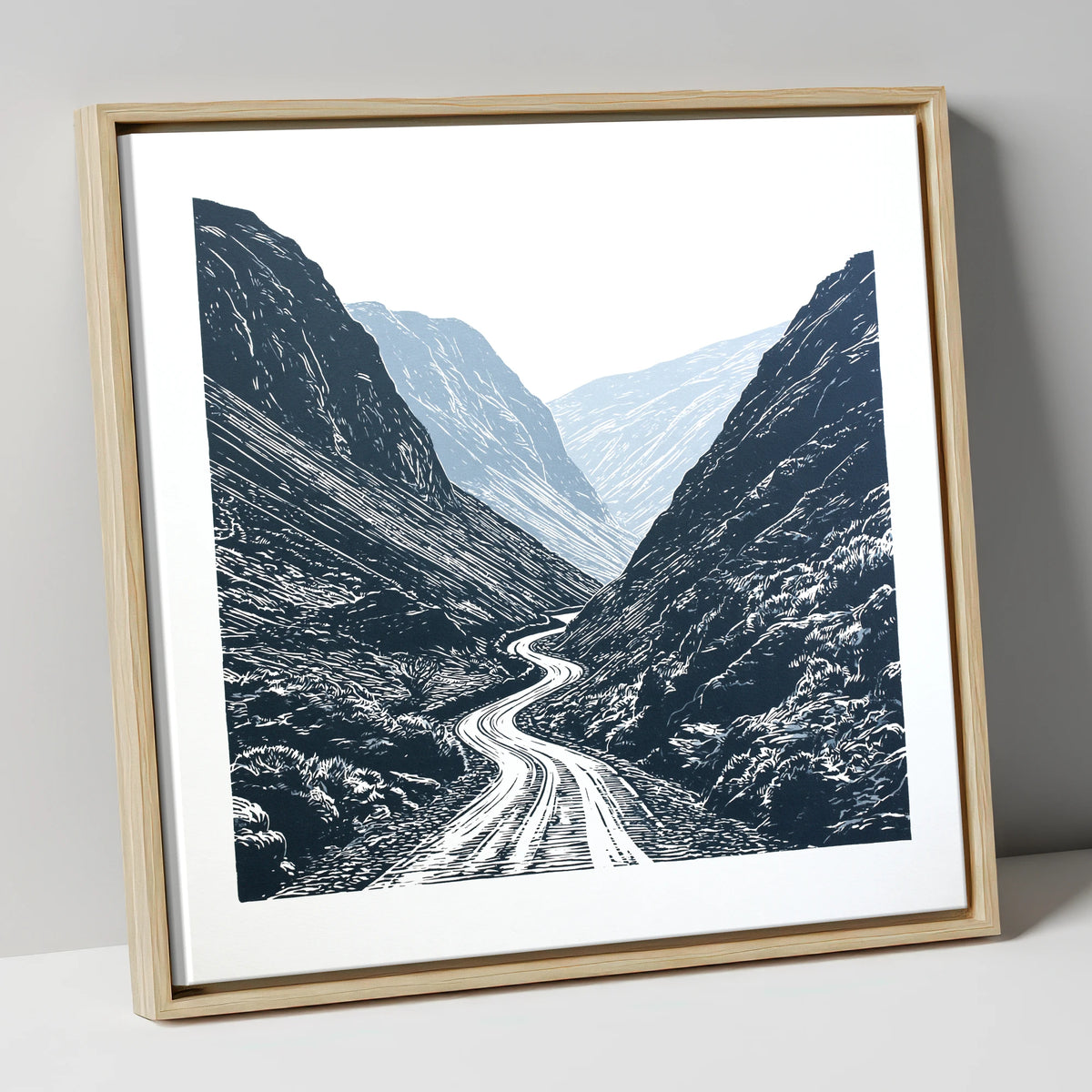Honister Pass in Bold Navy lake district valley canvas wall art in natural frame