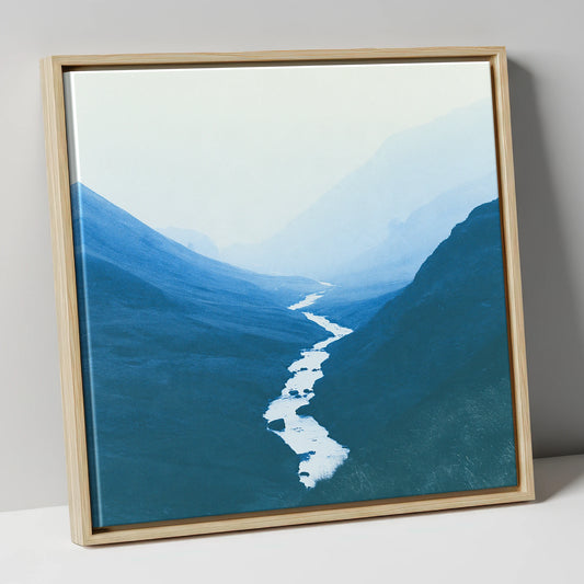 River Winding Through Blue Fells lake district waterfall canvas wall art in natural frame